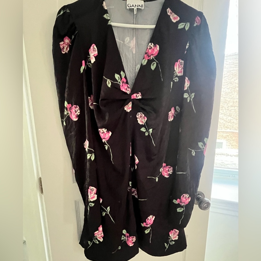 Ganni Black Mini Dress with Pink Floral Print